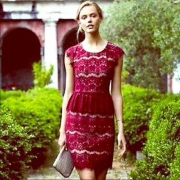 EUC Anthro Red Lace Peplum Cocktail Dress - Picture 2 of 6